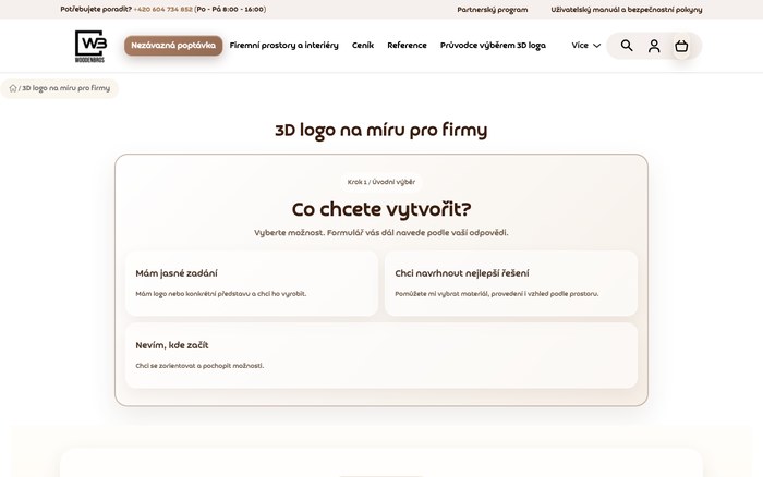 Poptávkový formulář na webu WoodenBros s výběrem ze tří větví